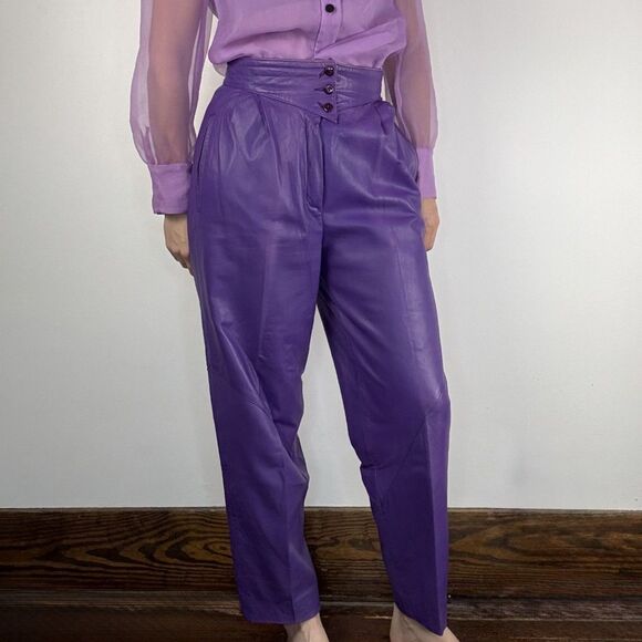 Vintage 80s West Bay Lambskin Leather Pants Purple High Waist Pleated Tapered - Picture 1 of 15
